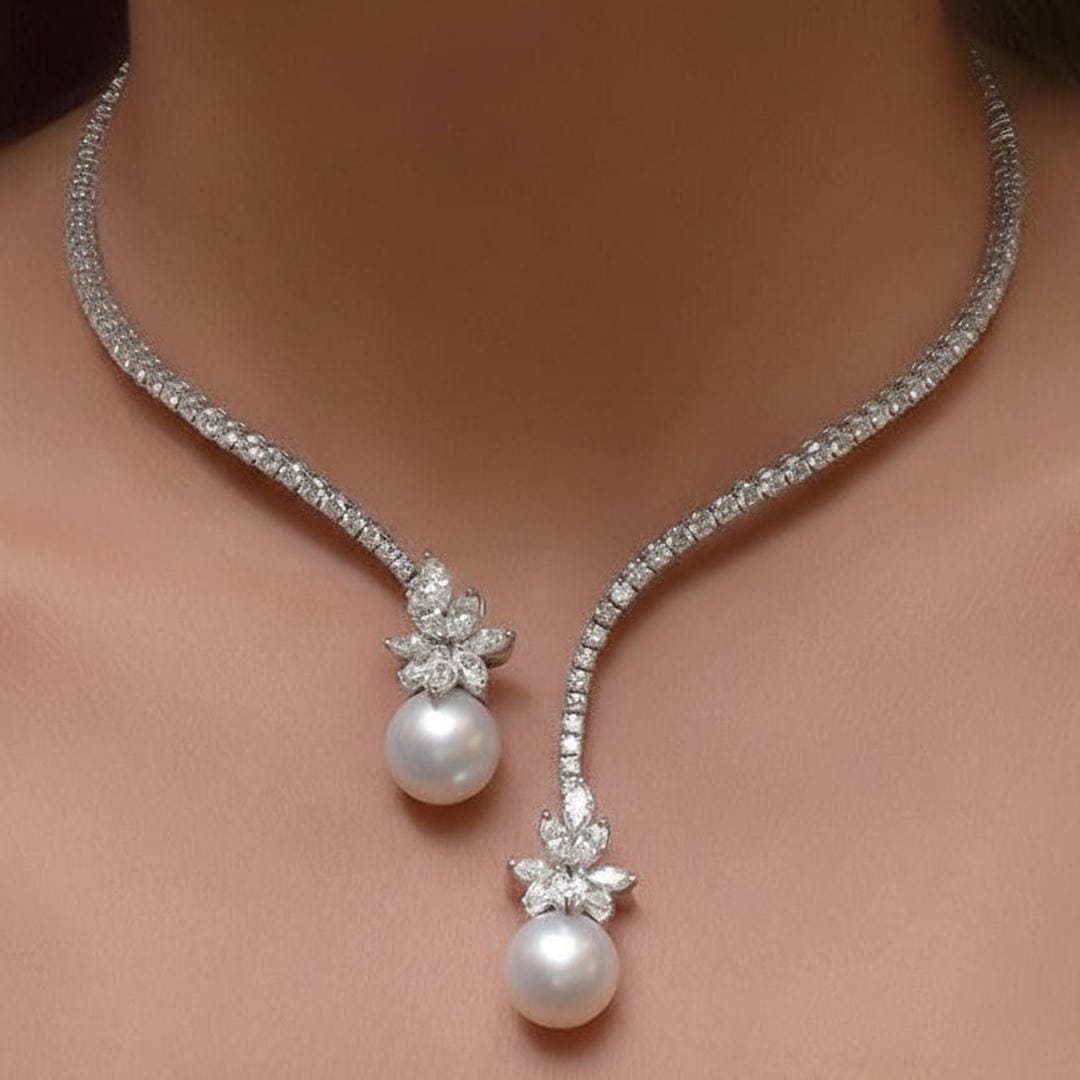 Collar de Perlas Redondas de Diseño Abierto con Zafiro