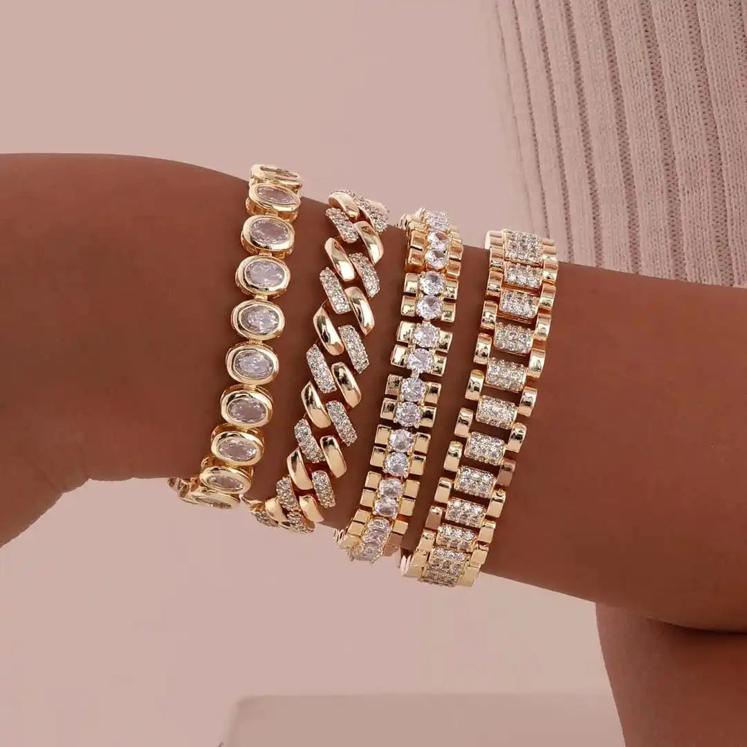 Conjunto de Pulseras Ajustables de Zirconia Cúbica Dorada