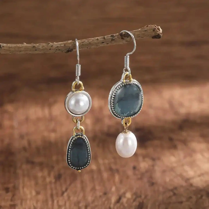 Pendientes de Perla con Piedra Azul Vintage
