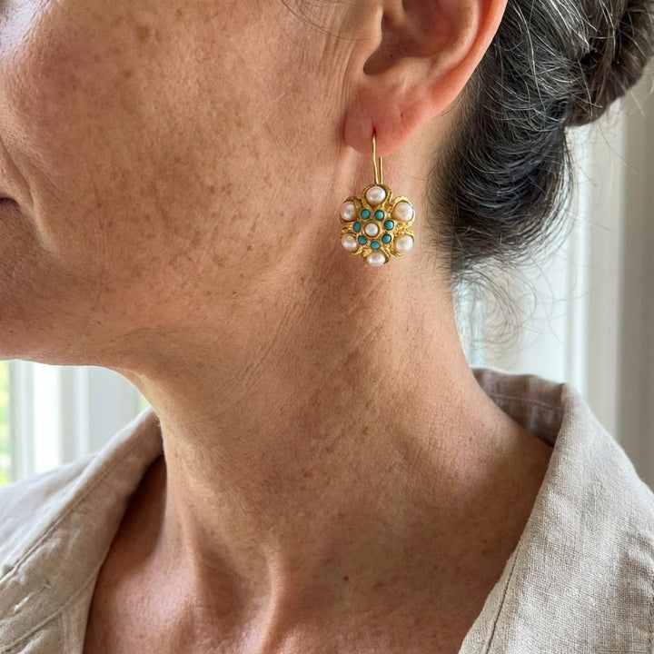 Pendientes Vintage de Medallón Turquesa y Perla