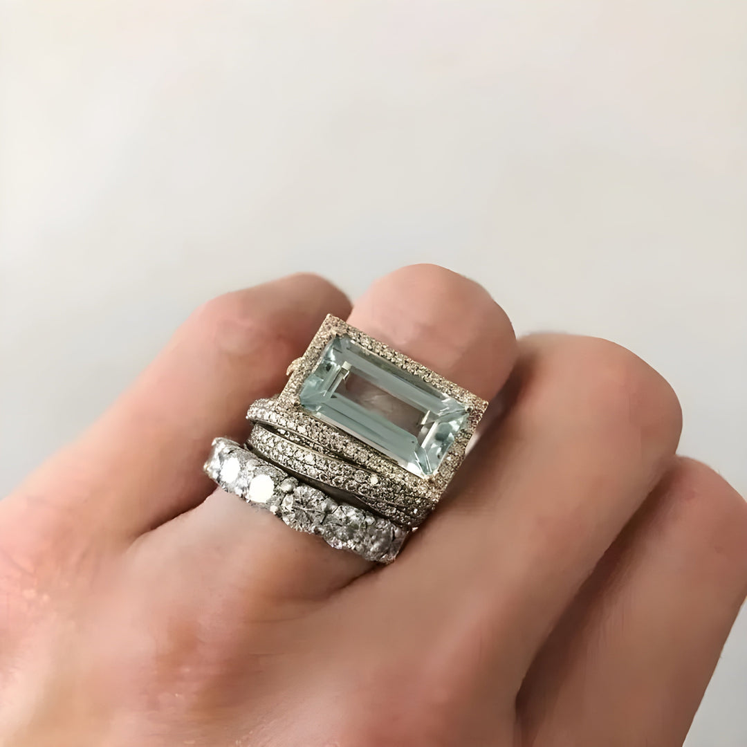 Conjunto de anillos de vidrio turquesa plateado vintage