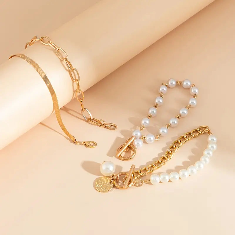 Chic Gold 4-Piece Bracelet Set - Snake, Pearls &amp; Links | Gold