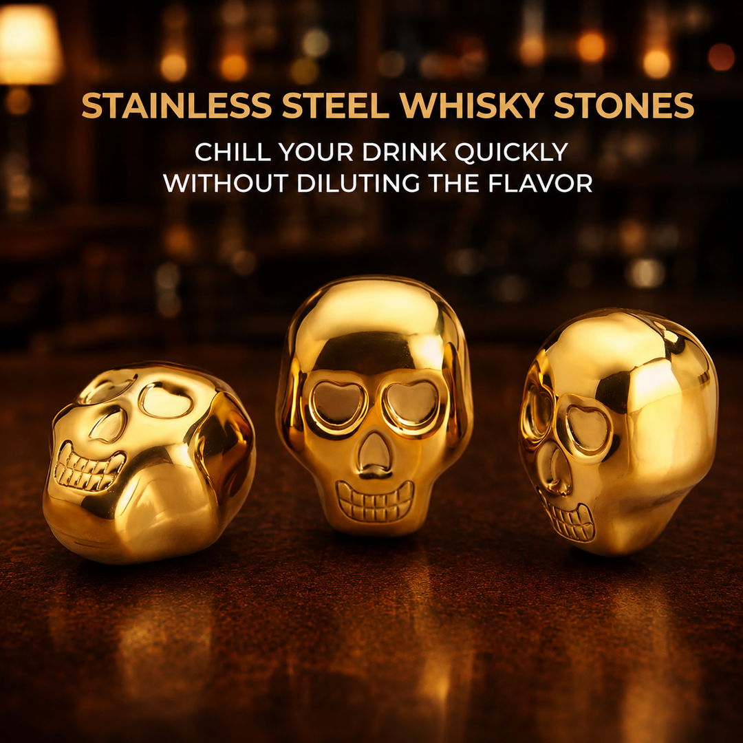 Piedras de Whisky Premium en Forma de Calavera Dorada (Set de 8)