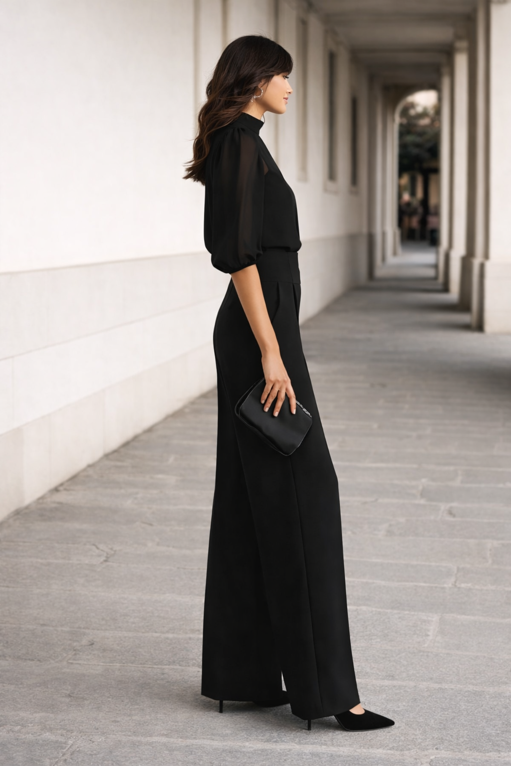Valentina | Conjunto de Tres Piezas Compuesto por una Camiseta Transparente y Pantalones de Pierna Ancha.