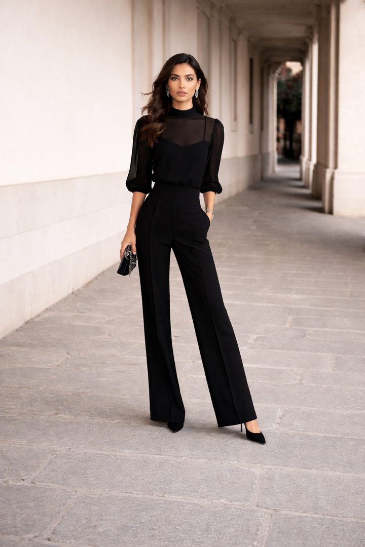 Valentina | Conjunto de Tres Piezas Compuesto por una Camiseta Transparente y Pantalones de Pierna Ancha.