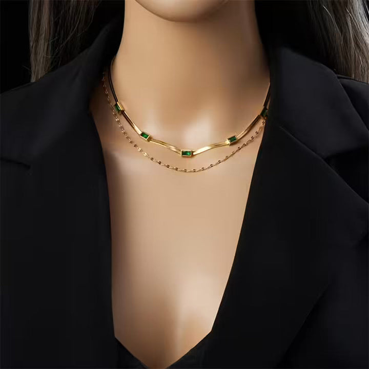 Collar Doble Capa Retro de Oro con Gemas