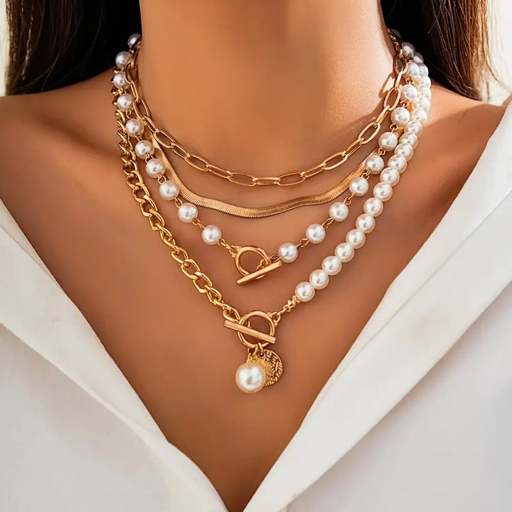 Vintage Pearl &amp; Gold Snake Chain Necklace Set | Gold