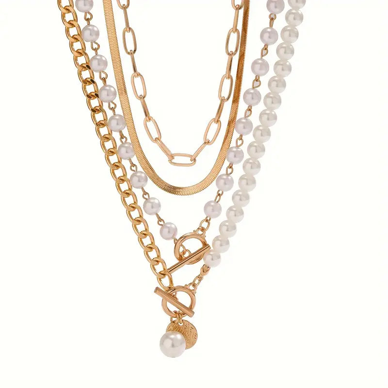 Vintage Pearl &amp; Gold Snake Chain Necklace Set | Gold