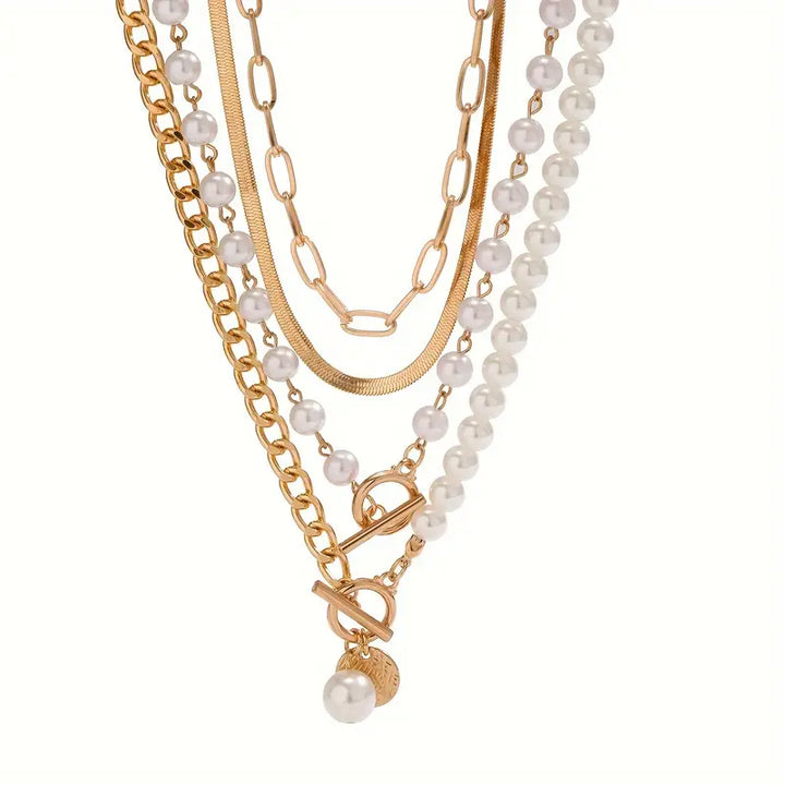 Vintage Pearl &amp; Gold Snake Chain Necklace Set | Gold