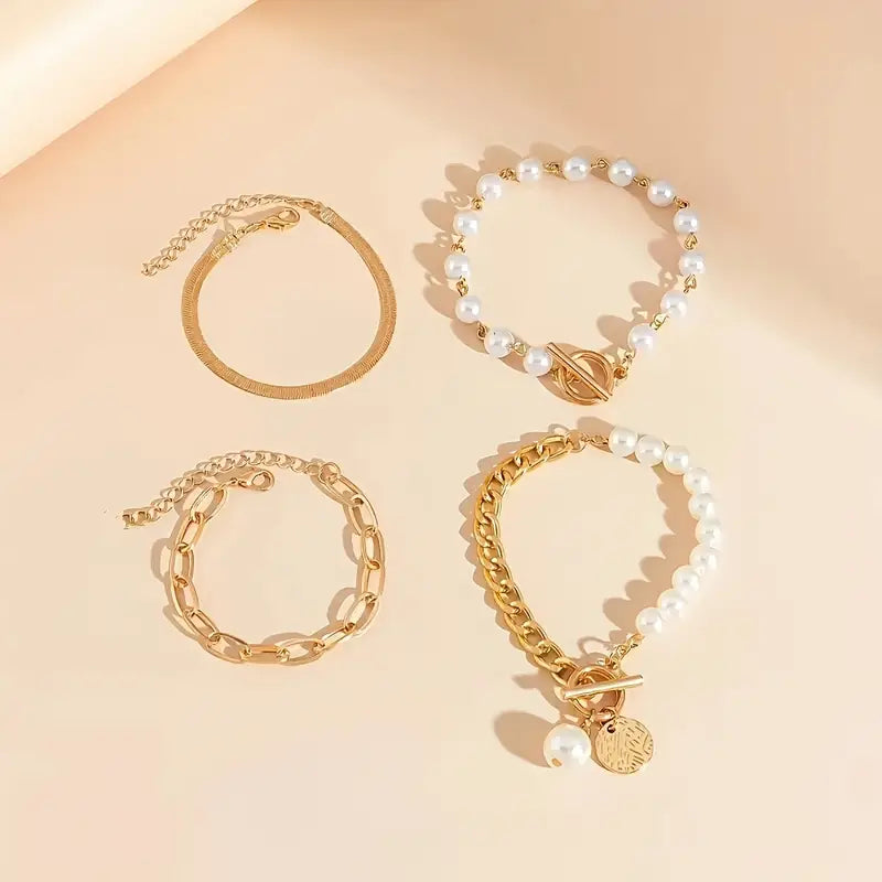 Chic Gold 4-Piece Bracelet Set - Snake, Pearls &amp; Links | Gold