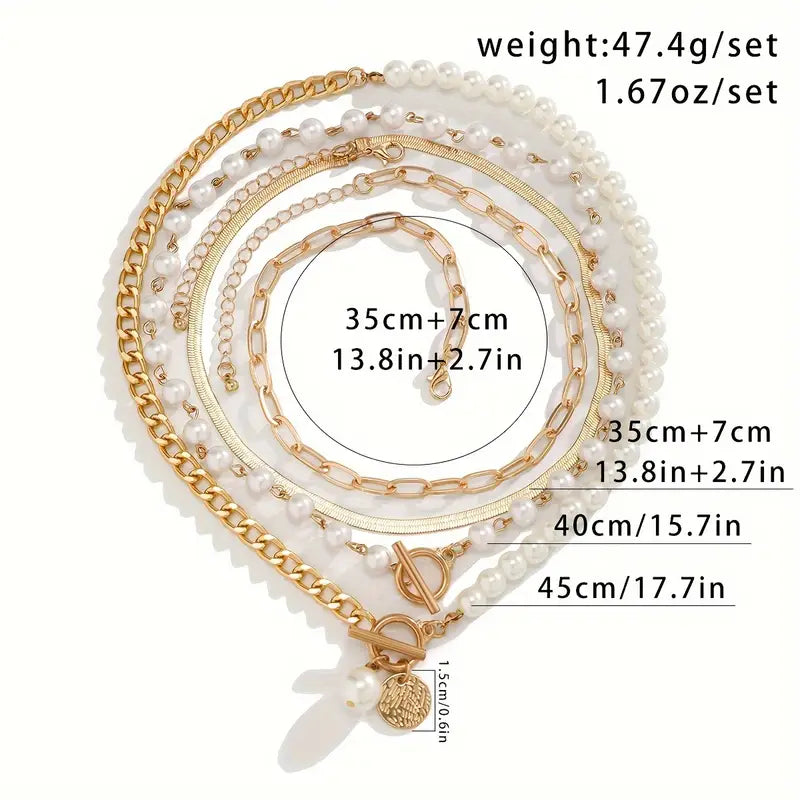 Vintage Pearl &amp; Gold Snake Chain Necklace Set | Gold