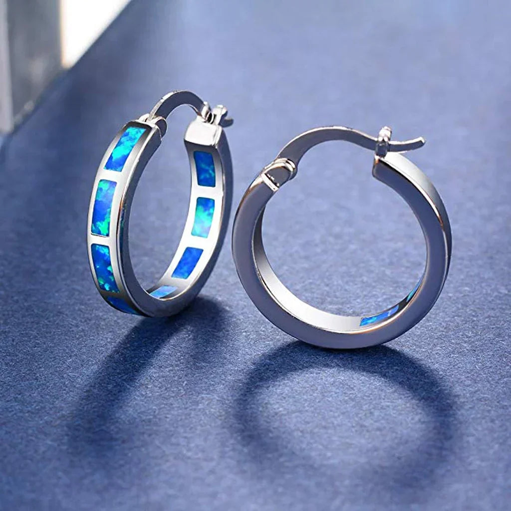Chic Blue Fire Opal Circular Hoop Earrings