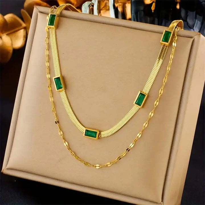 Collar Doble Capa Retro de Oro con Gemas