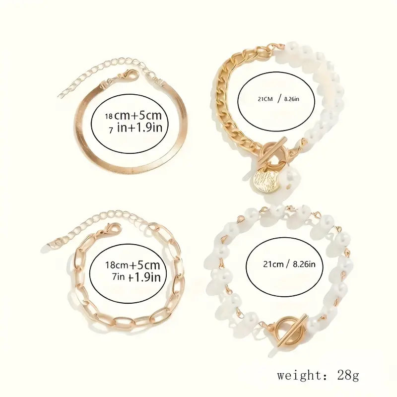 Chic Gold 4-Piece Bracelet Set - Snake, Pearls &amp; Links | Gold