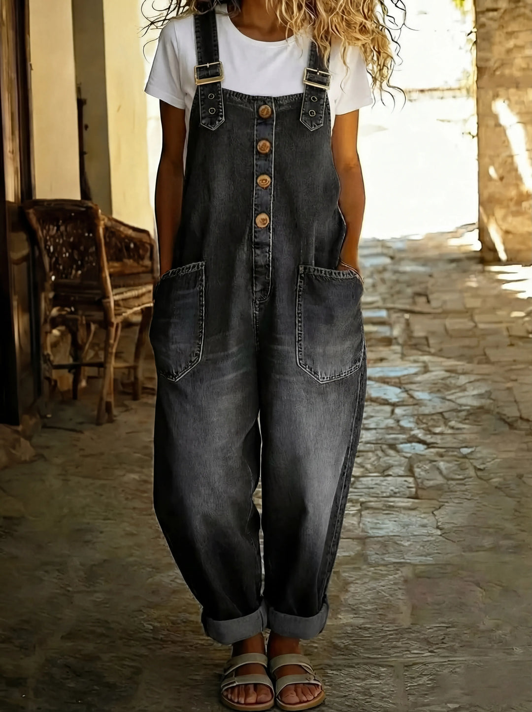 Rocio | Casual denim jumpsuit with adjustable buckle.