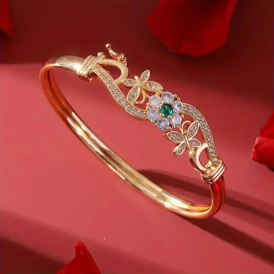 Pulsera de Cristal Verde de Zirconia Dorada