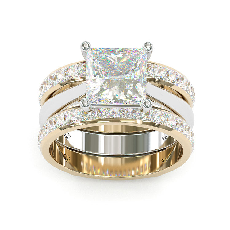 Jzora handmade princess cut Moissanite two tone sterling silver anniversary ring wedding ring bridal set