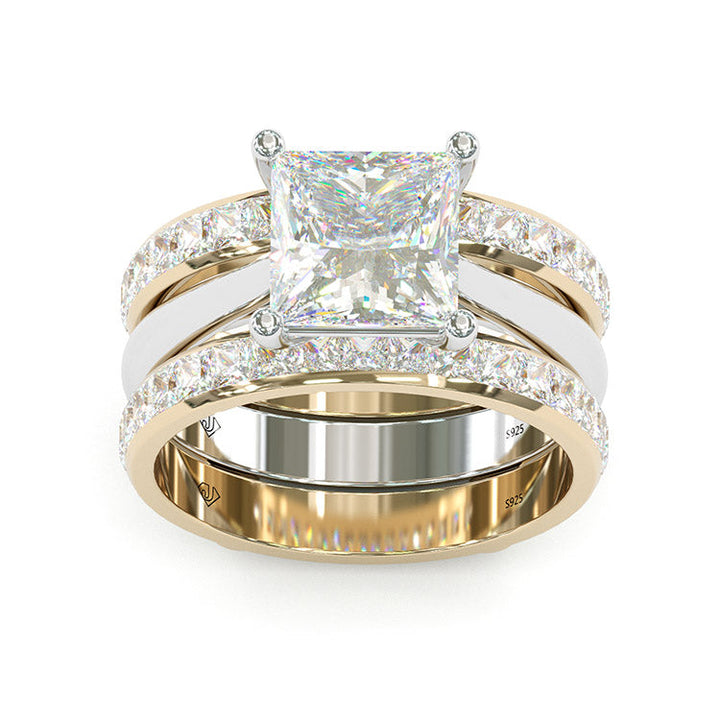 Jzora handmade princess cut Moissanite two tone sterling silver anniversary ring wedding ring bridal set