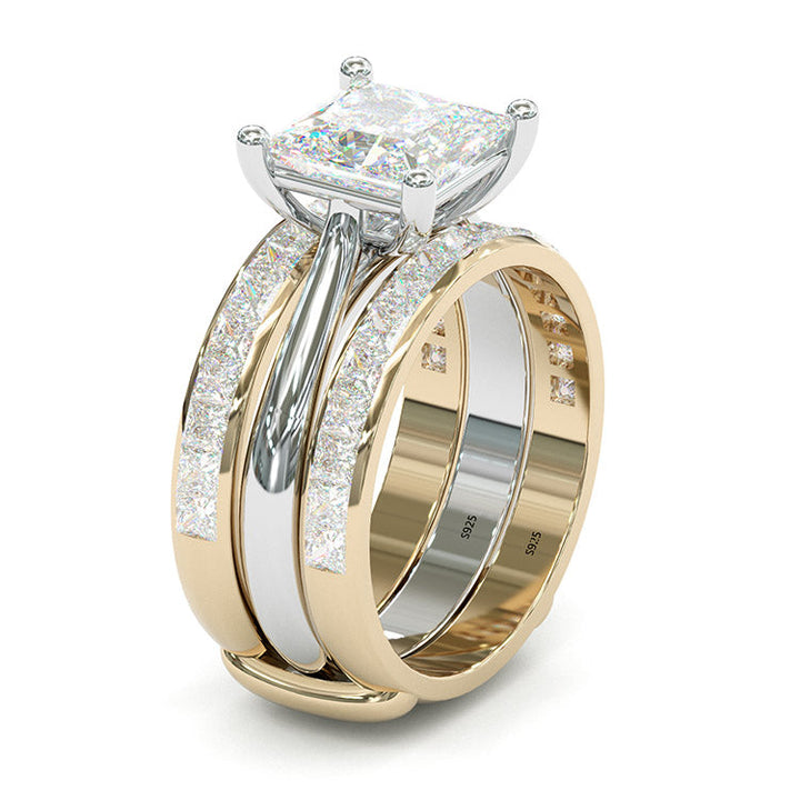 Jzora handmade princess cut Moissanite two tone sterling silver anniversary ring wedding ring bridal set