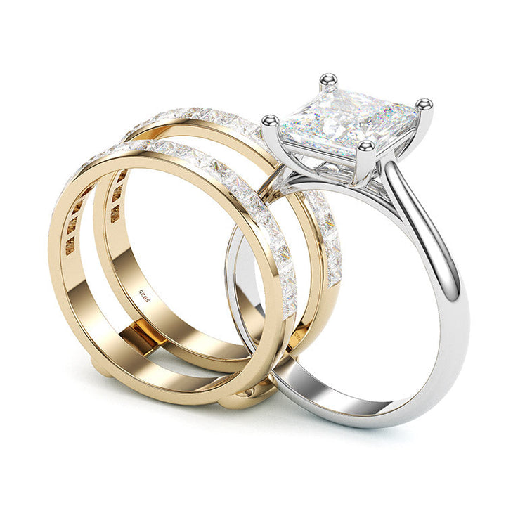 Jzora handmade princess cut Moissanite two tone sterling silver anniversary ring wedding ring bridal set