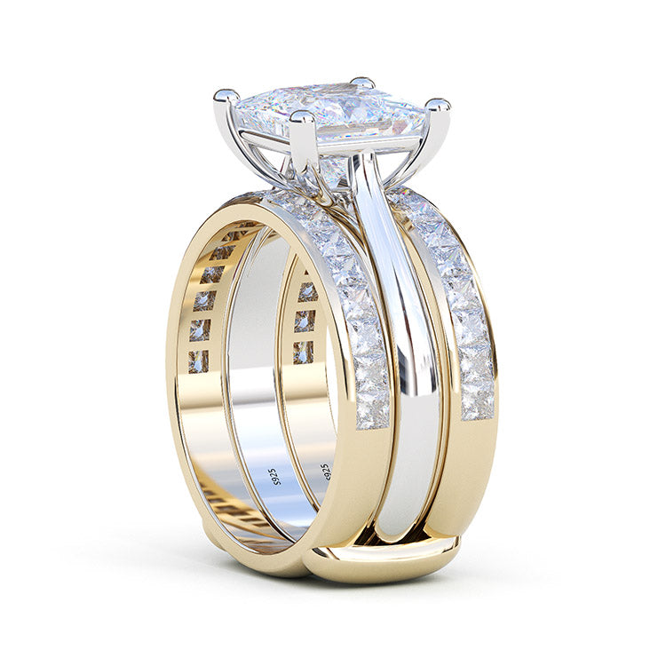 Jzora handmade princess cut Moissanite two tone sterling silver anniversary ring wedding ring bridal set